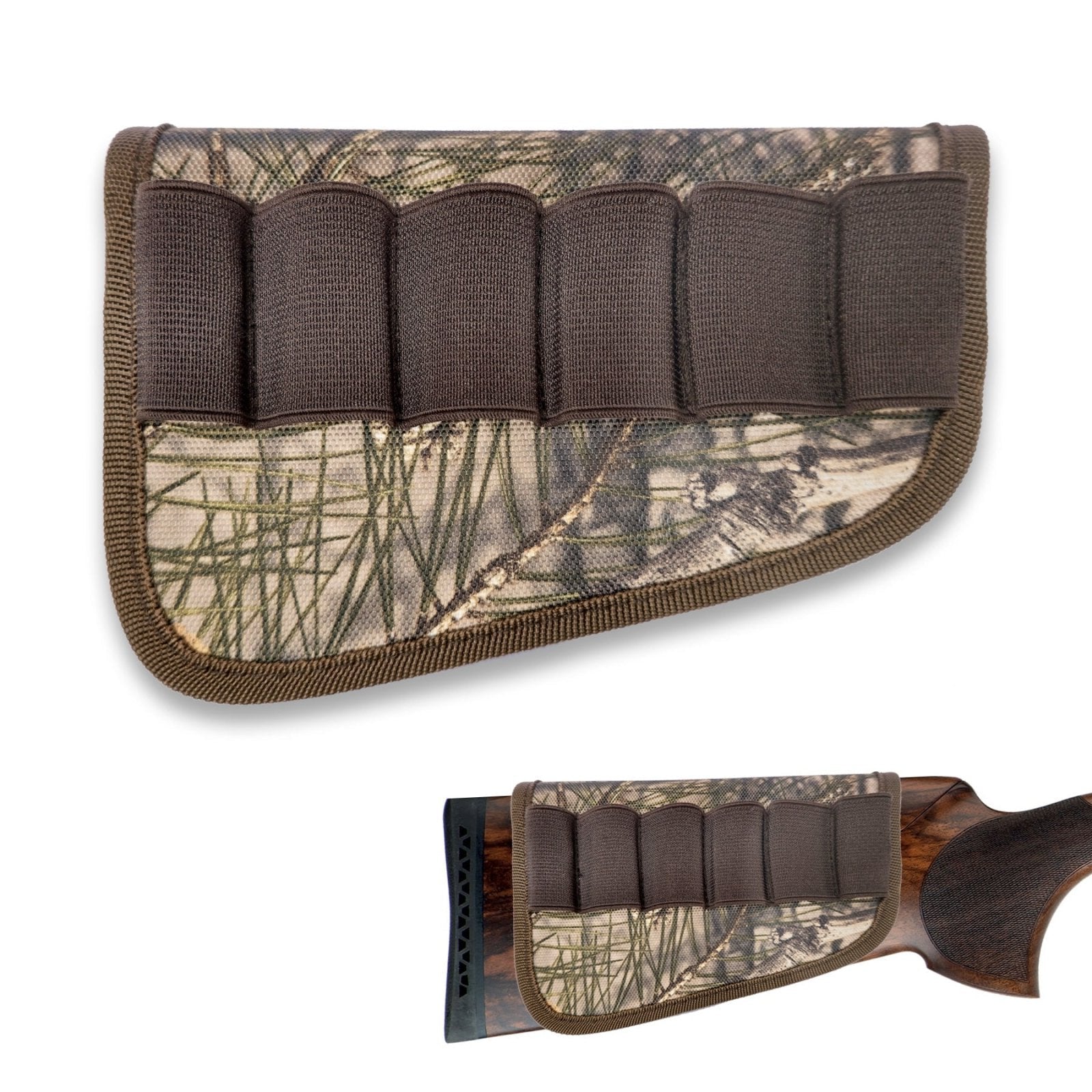 The Hillman® Stock Protector with Cartridge Holders 12ga Argo is made from durable Criotex material in a camouflage pattern that complements wooden stocks. It features five elastic loops for ammunition and built-in scratch protection, standing out against a plain white backdrop.