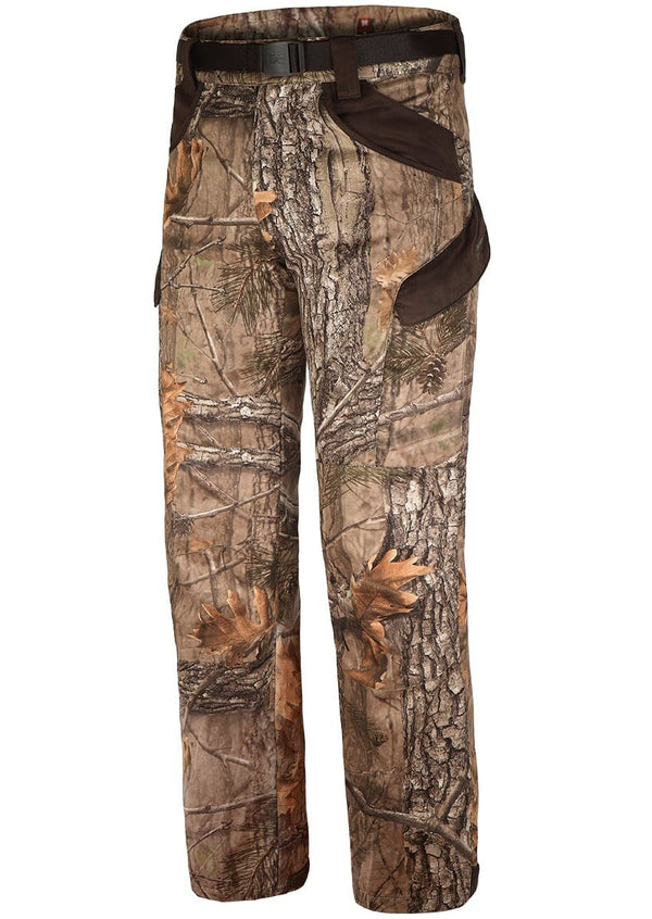 The Hillman® XPR Ultralight Climatronic Hunting Pants offer silent movement with a forest-like photocamouflage pattern featuring tree bark and leaves, a waist belt, and side pockets with dark trim.