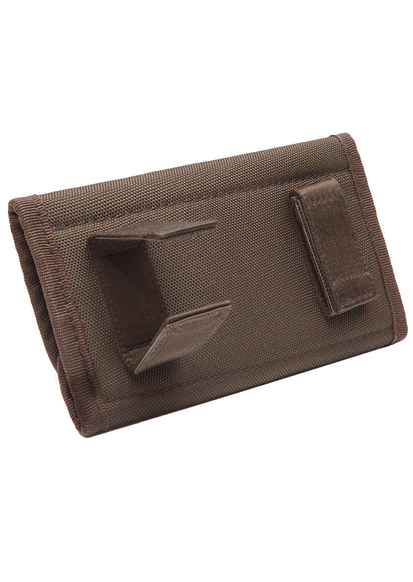 A brown phone holder crafted from ultra-strong Duratex fabric features a textured surface and loop for easy attachment. With a built-in stand and Velcro strap, it ensures security, blending rugged utility like the Hillman® Magnetic rifle pouch.