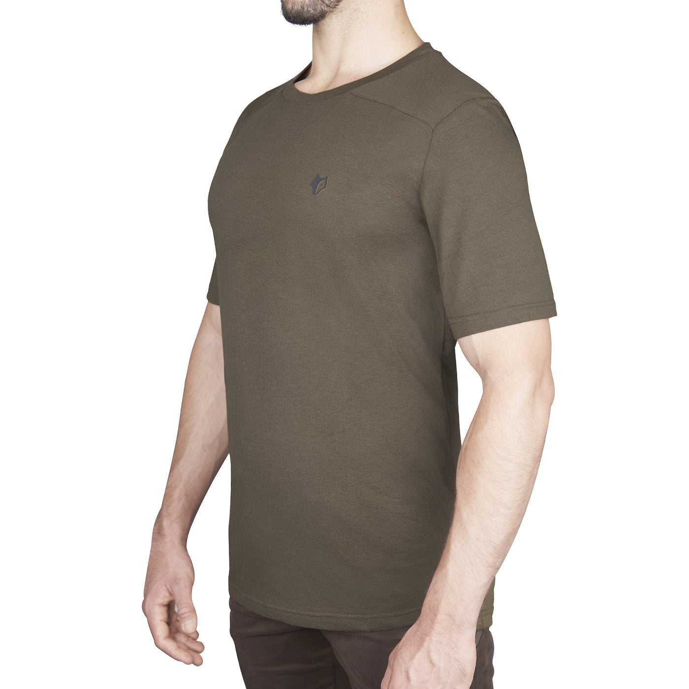 A person wearing a HILLMAN 1UL Bamboo Short Sleeve Hunting T-shirt with Active Vent Technology, featuring a plain olive green hue and small chest embroidery, stands against a white background. The shirt boasts short sleeves and a round neckline, while their face remains unseen.