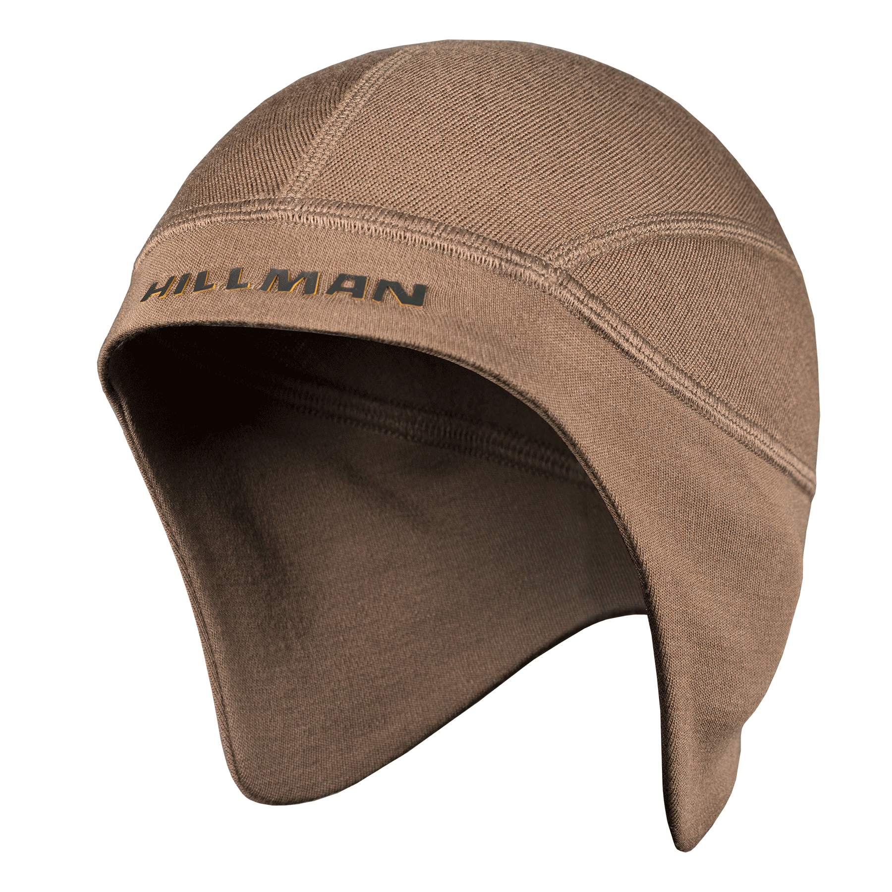 The Hillman® [16μm] Anatomic Merino Beanie, in brown, features ear flaps with HILLMAN embroidered on the side. Crafted from textured fabric for warmth and comfort, it provides heat insulation and covers the ears for cozy wear.