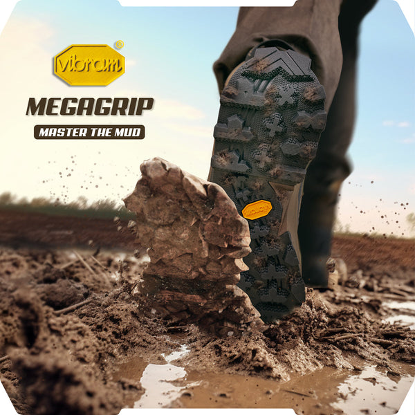 A close-up of someone navigating muddy terrain highlights the Vibram sole on their HILLMAN DRYHUNT 2.0 Waterproof Hunting Boots, featuring the text Vibram Megagrip Master the Mud. Their shoe is stepping on mud, underscoring its grip and prowess in wet conditions, perfect for your hunting adventures.