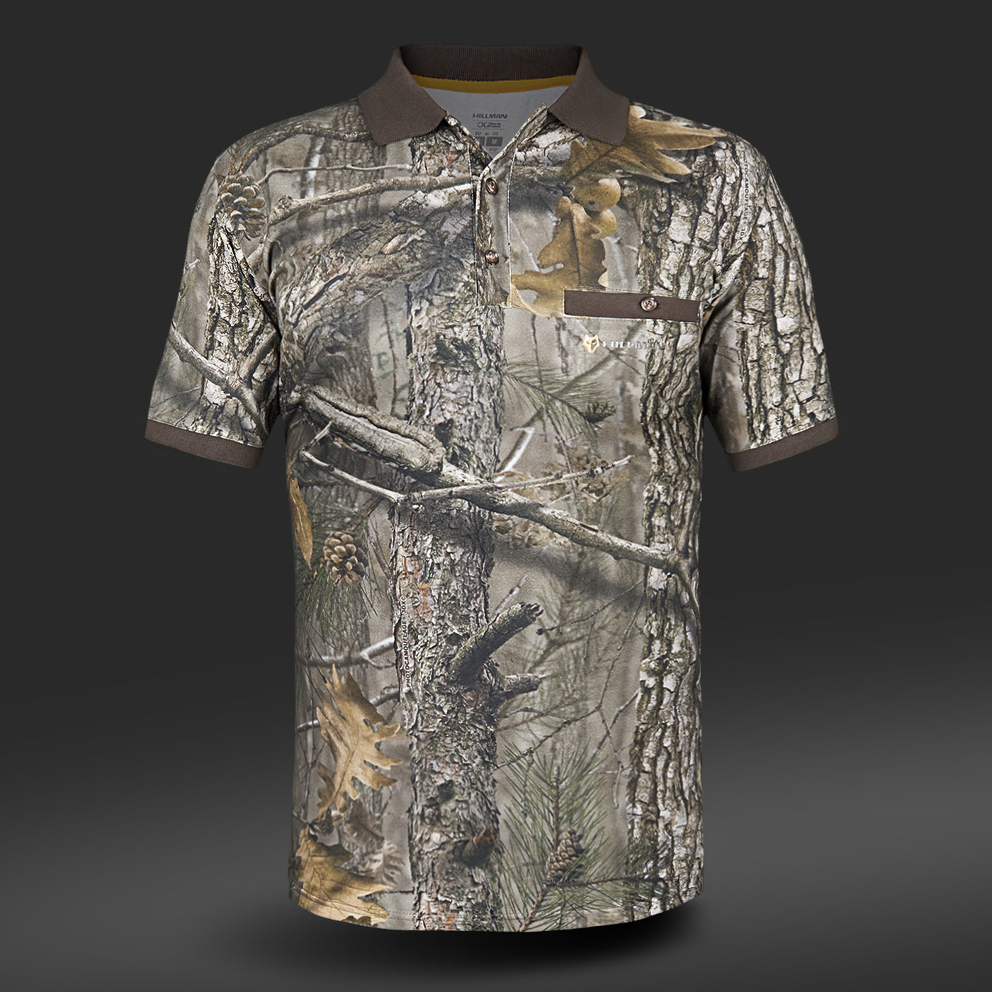 Experience luxury with Hillman®s Hunting Polo Shirt DGT, crafted from breathable Egyptian cotton. This short-sleeve essential features a woodland camo design on a dark gray background with an elegant dark collar and buttoned placket, offering an understated touch of supersoft style.