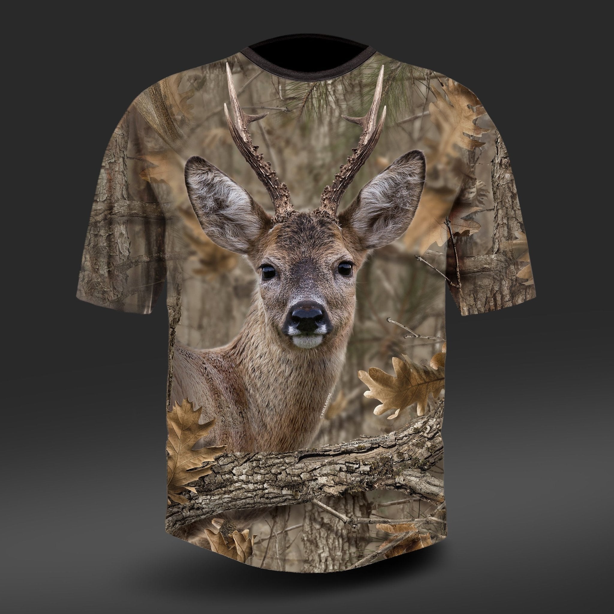 The Hillman® T-shirt Rое Deer DGT cotton short sleeve is made from luxurious Egyptian Cotton with a digital print of a realistic deer head and antlers. It features branches and leaves on a dark gray background for a camouflage effect.