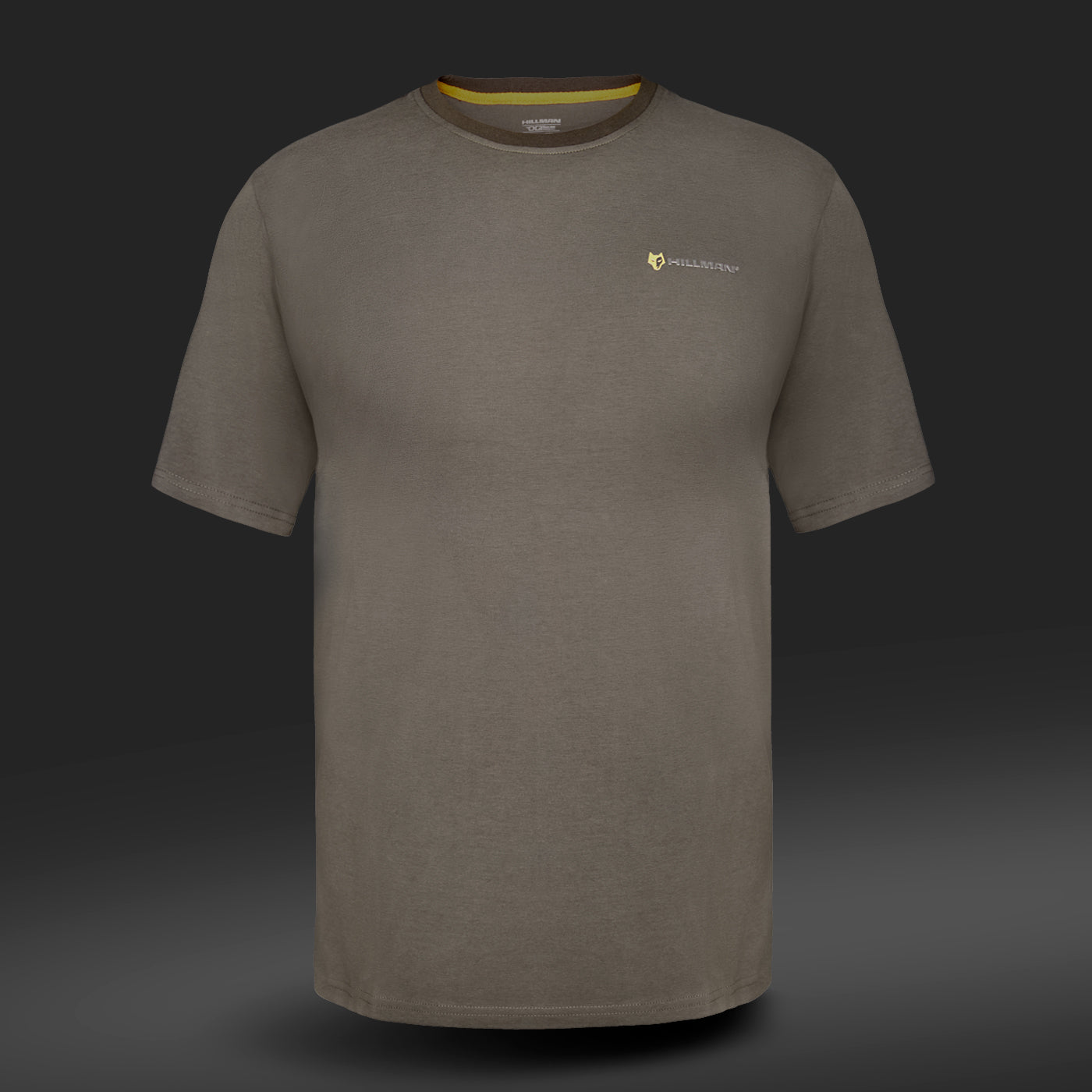 The Hillman® Hunting T-shirt DGT, made from breathable Egyptian cotton, is displayed on a dark gray background. It features short sleeves, a crew neckline, and a small logo on the left chest area.