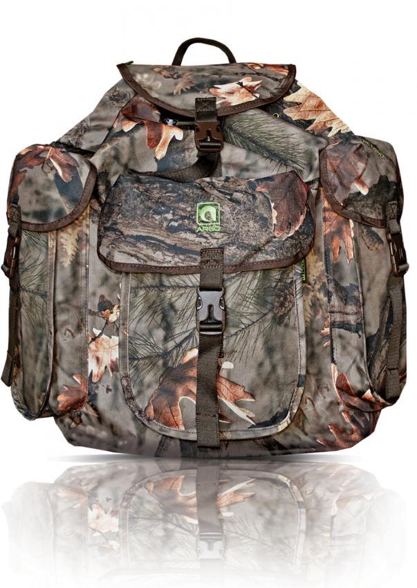 The Argo® Hunting Backpack ARGO® Camouflage features a durable, waterproof camouflage pattern with brown and green leaves and branches, multiple pockets, a central buckle, and a small green and white logo on the top flap. The reflective surface design adds visibility.